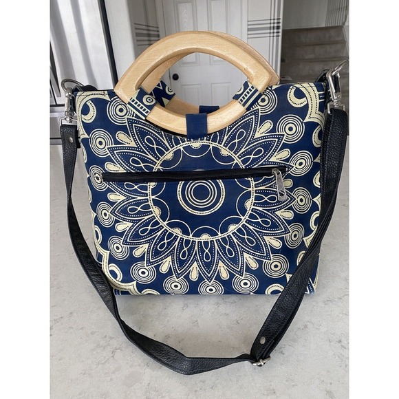 Djimi Djama Geometric Blue West African‎ Handmade Tote Bag Wooden Handles - Picture 1 of 13